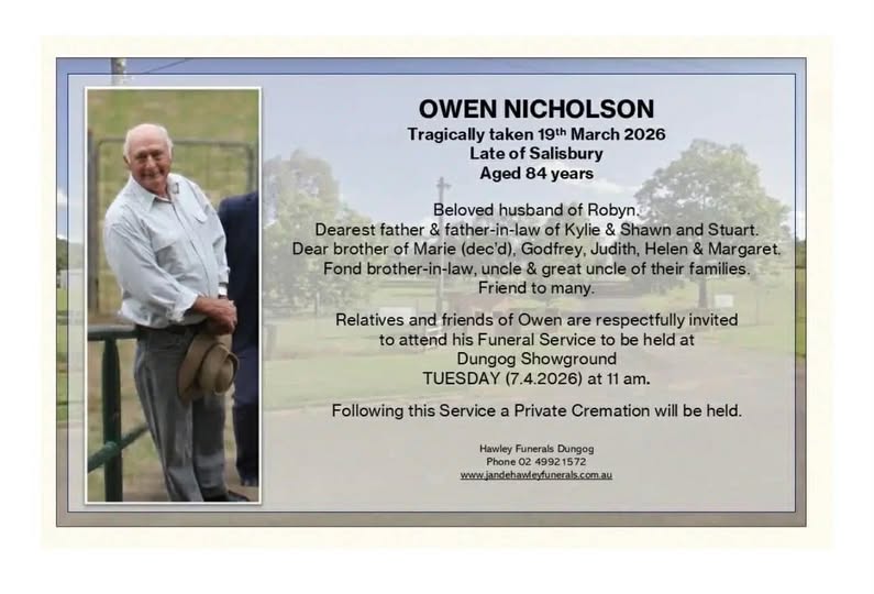 Owen Nicholson Dungog, NSW Accident Obituary Death: Dungog Show Secretary Dies in Tragic Accident